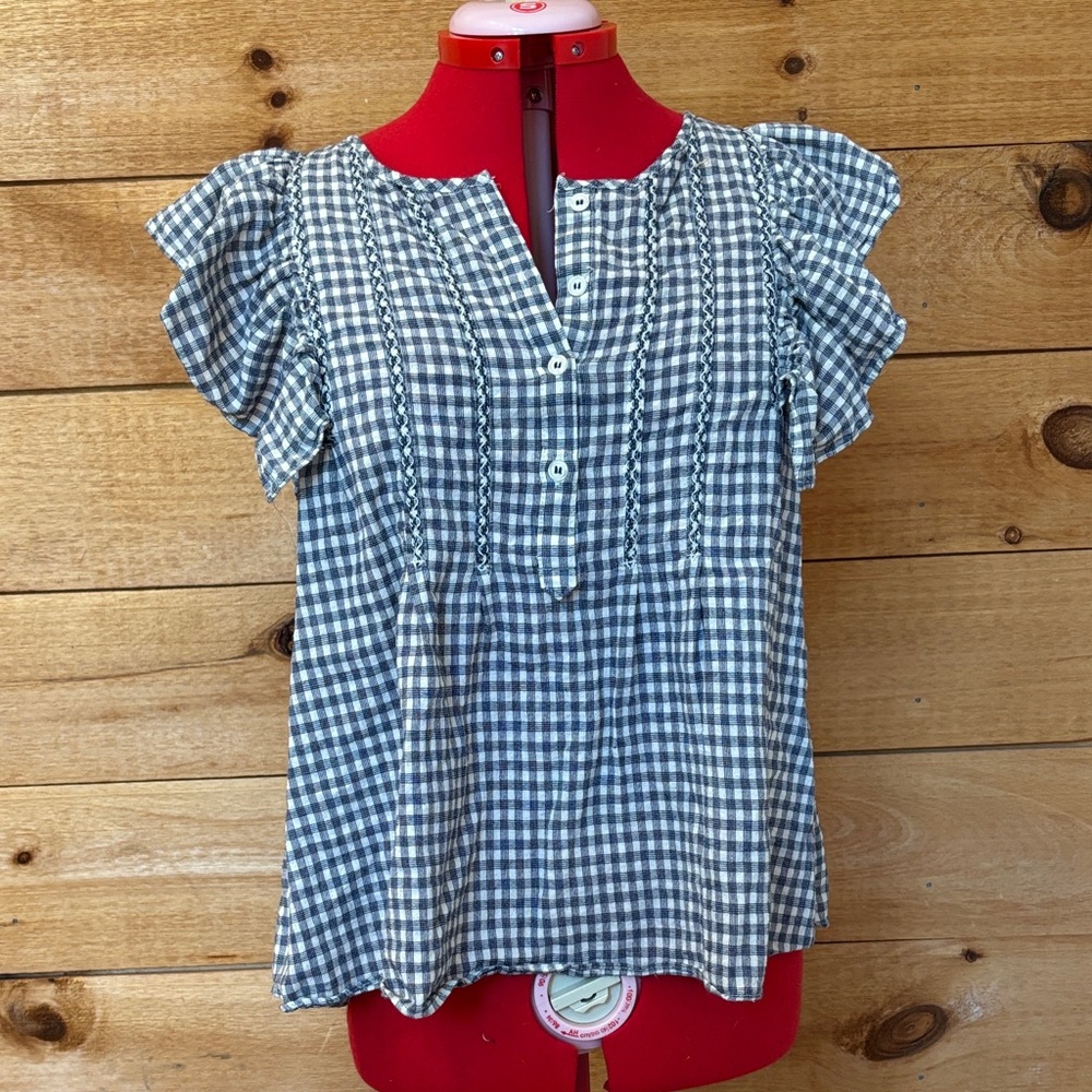 Blue Gingham Short-Sleeve Button Front Women's Top